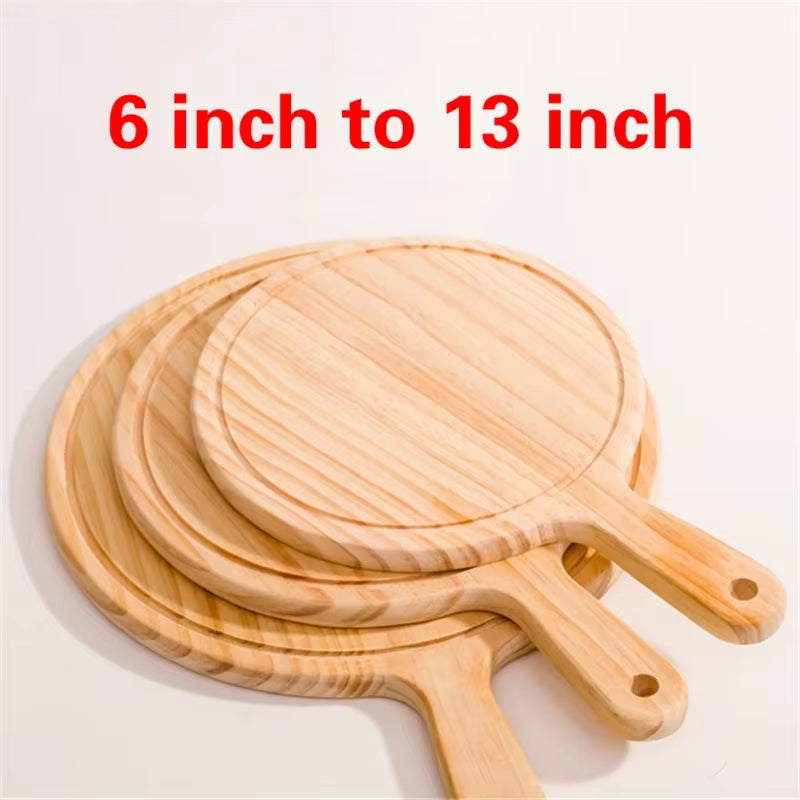 6 to 13Inch Wooden round Pizza Board with Hand Pizza Baking Tray Stone Cutting Board Platter Pizza Stone Cake Bakeware