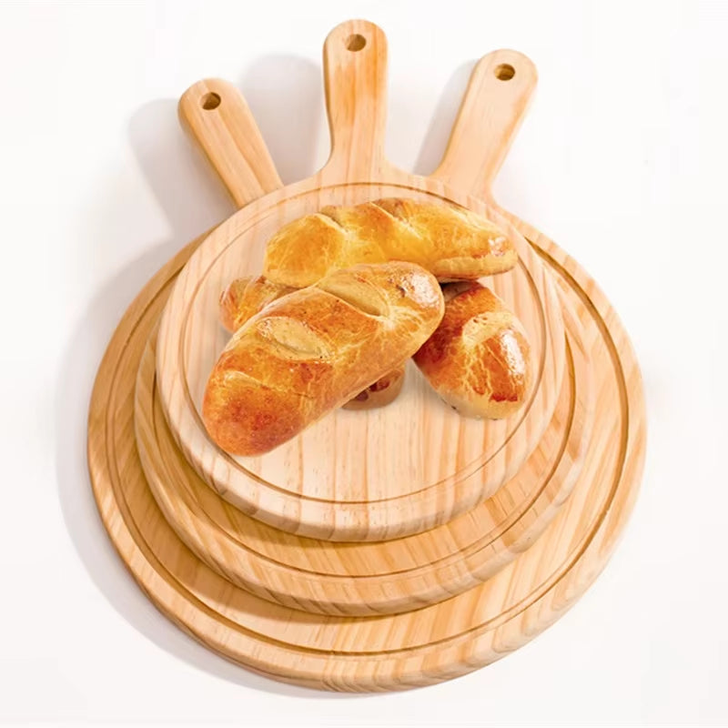 6 to 13Inch Wooden round Pizza Board with Hand Pizza Baking Tray Stone Cutting Board Platter Pizza Stone Cake Bakeware